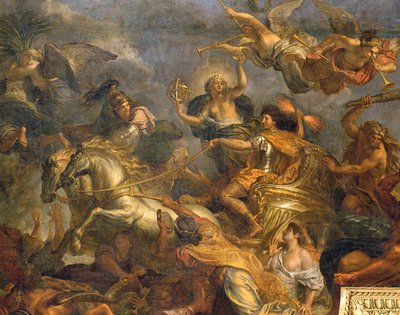 Der König nimmt Maastricht in dreizehn Tagen 1673 und der Übergang am Rhein in Anwesenheit der Feinde 1672, Deckenmalerei aus der Galerie des Glaces (Detail) von Charles Le Brun